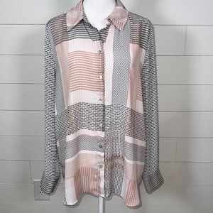 Jones New York Pink, Sage, Black and Tan Long Sleeve Printed Blouse Size M